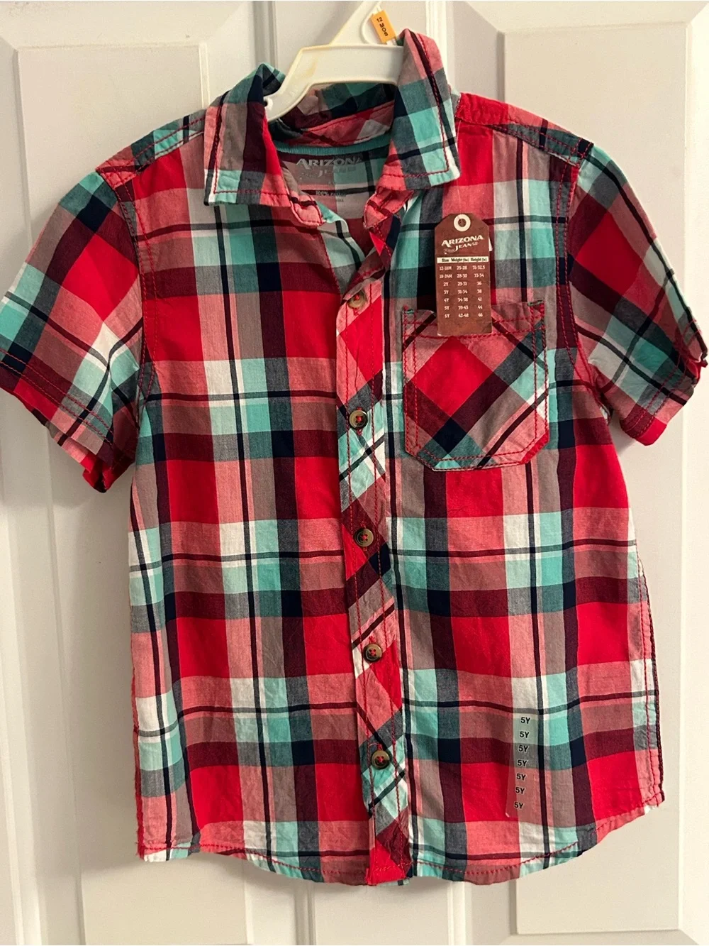 NWT-Boys Arizona Jean Company Red and Teal Plaid Short-Sleeve Button-Down Shirt